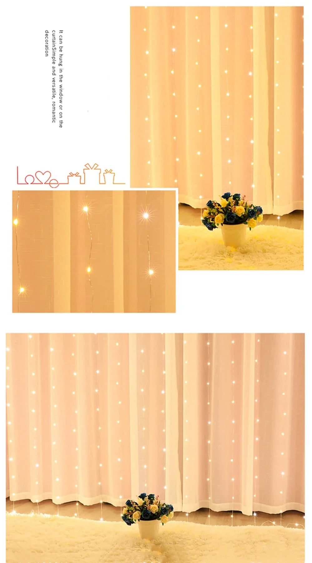 1pc USB 3x3/3*2/3*1 LED rideau chambre lumières guirlande de noël fée lumière feston mariage maison chambre décoration éclairage