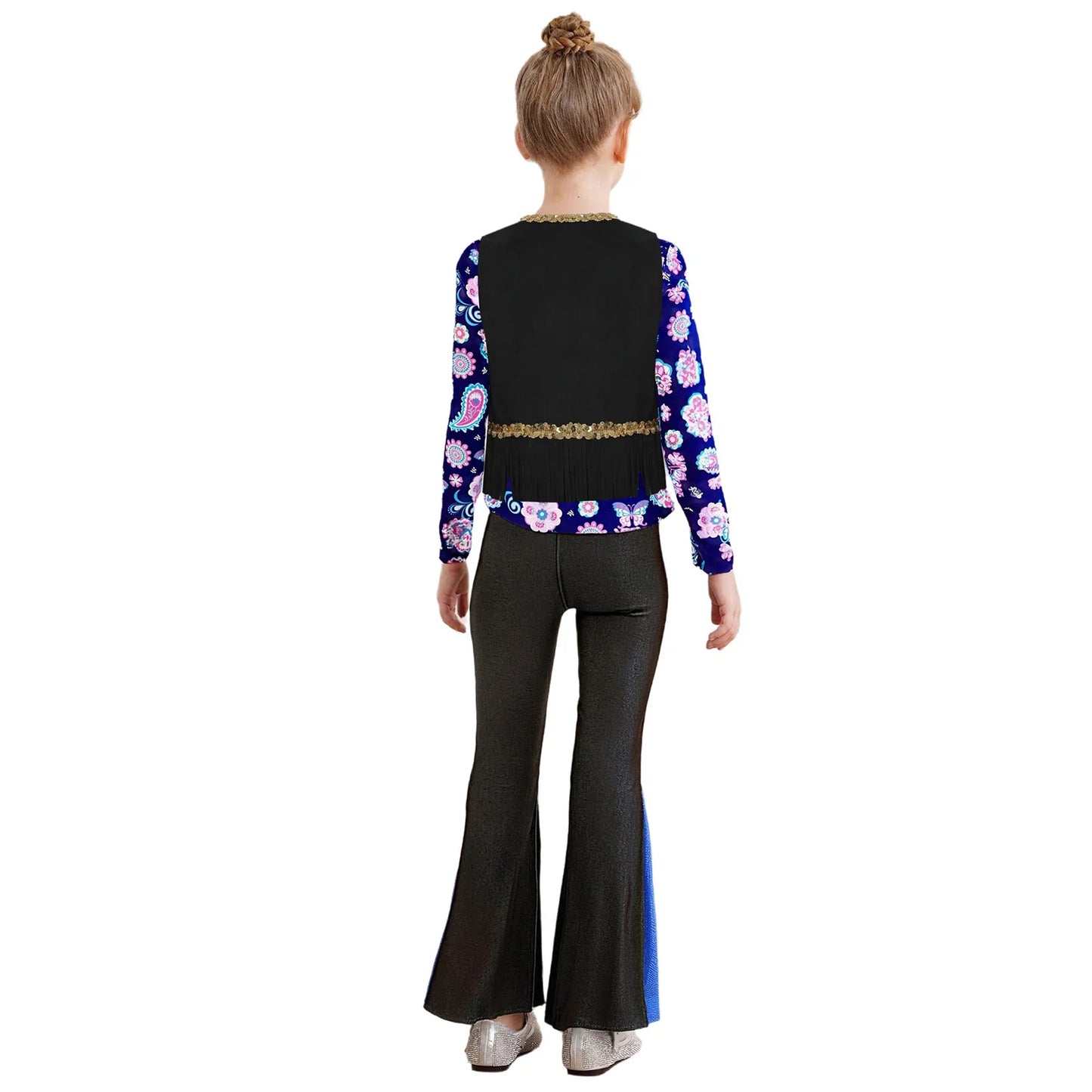 Girls Halloween Disco Hippie Western Cowgirl Carnival Cosplay Costume Printed Shirt Tops with Tassels Vest And Flared Pants Set