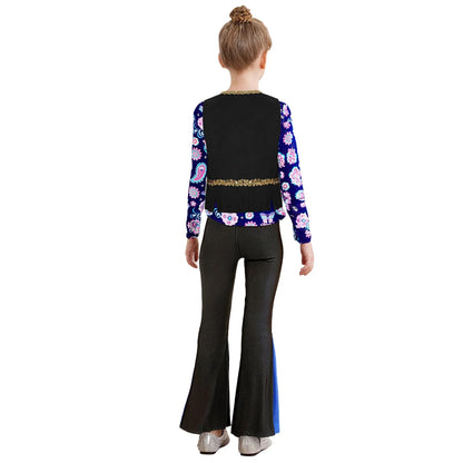 Girls Halloween Disco Hippie Western Cowgirl Carnival Cosplay Costume Printed Shirt Tops with Tassels Vest And Flared Pants Set