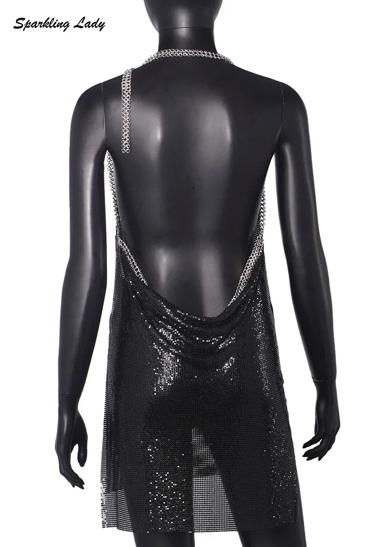 Sexy Hot Pink Glitter Sequin Party Dresses Bling Aluminum Chainmail Dress Backless Halter V Neck Side Slit Metal Party Outfit