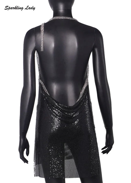 Sexy Hot Pink Glitter Sequin Party Dresses Bling Aluminum Chainmail Dress Backless Halter V Neck Side Slit Metal Party Outfit