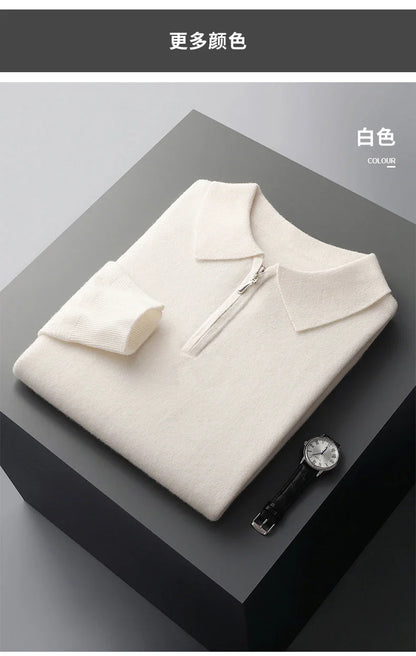 Autumn and Winter New Cashmere Sweater Men's 100% Merino Wool Pullover Casual Loose POLO Knitted Bottom Shirt Jacket Shirt