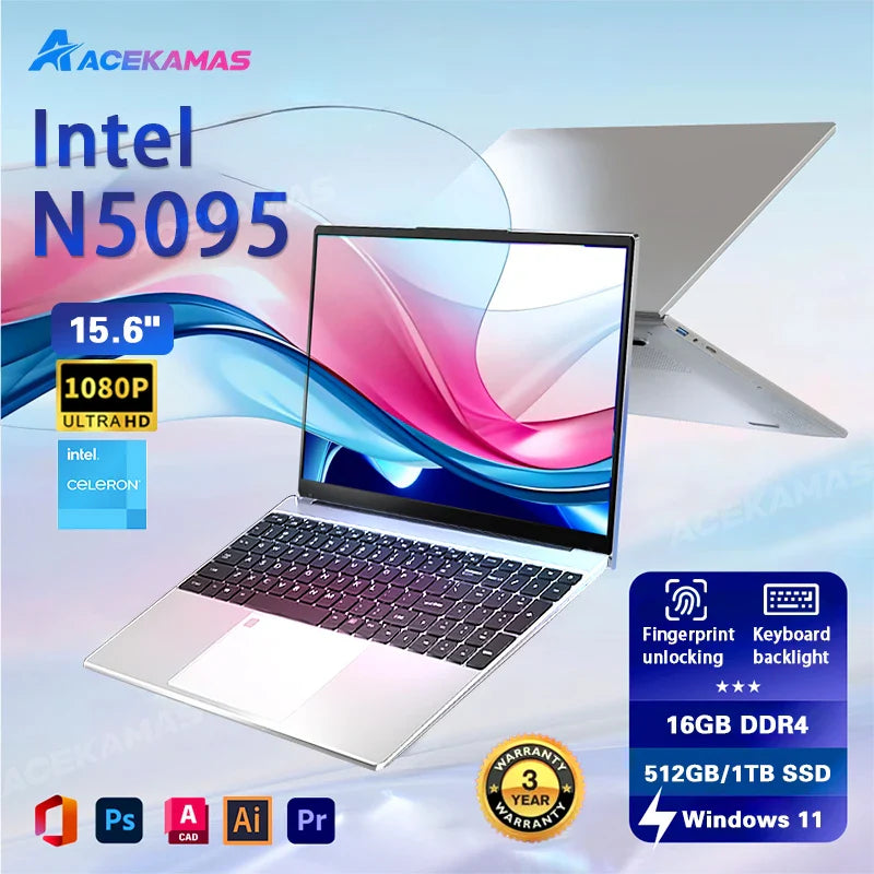 ACEKAMAS 15.6" Laptop Computer Intel Celeron N5095 Windows 11 Pro Laptops Gamer 1080P 16GB DDR4 1TB SSD Office Study Notebook PC