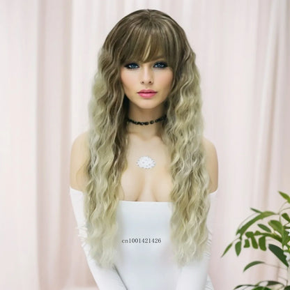 Perruque blonde bouclée cheveux synthétiques longs naturels perruques ondulées pour femmes blanches, raie libre, racines foncées, perruques ombrées, perruque ondulée tendance + autocollants