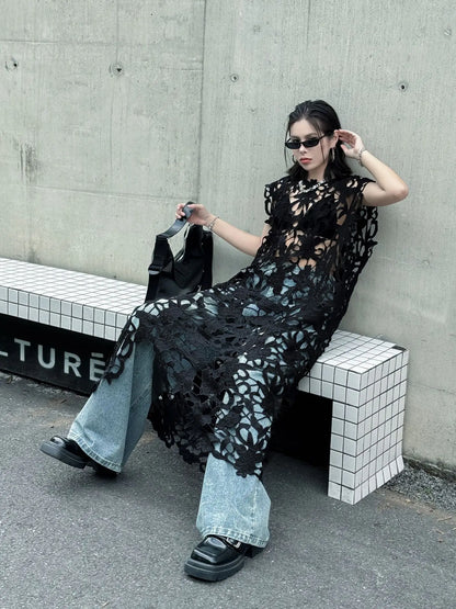 [EWQ] Chic belle Robe européenne à la mode femmes vêtements crochet à motifs découpe Robe sans manches Robe noire 2025 été nouveau