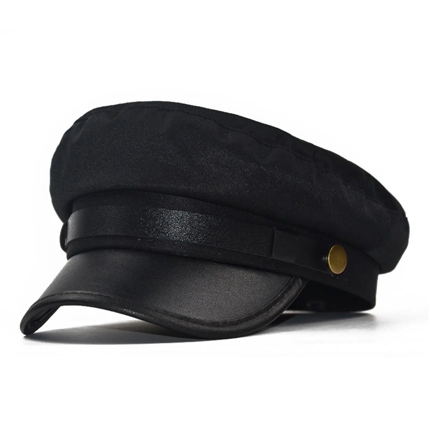 PU Leather Unisex Cycling Caps, Women Men Autumn Sailor Hat Black, Travel Student Hat, Flat Top Captain Hat