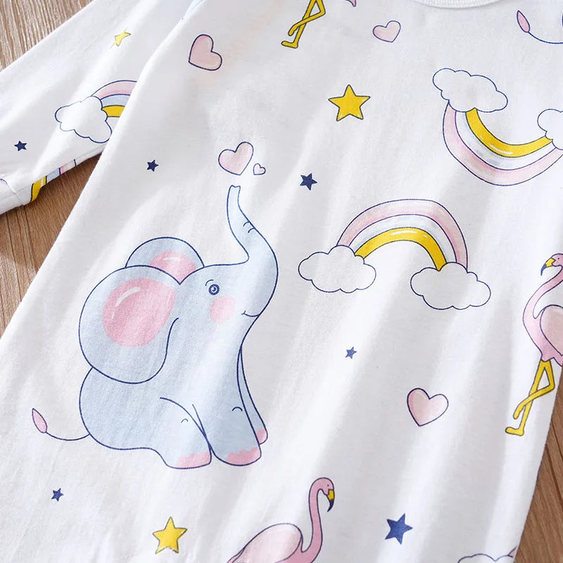 Spring And Autumn Boys And Girls Cute Cartoon Rainbow Elephant Print Cotton Comfortable Long Sleeve Baby Bodysuit