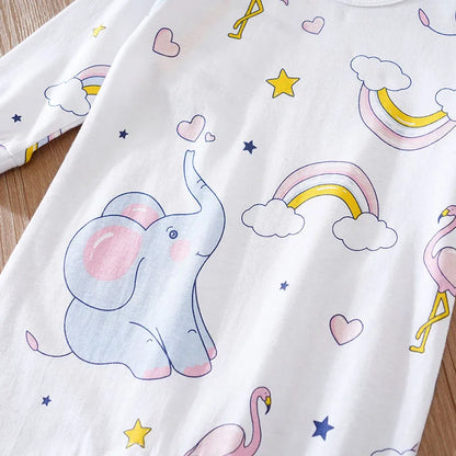 Spring And Autumn Boys And Girls Cute Cartoon Rainbow Elephant Print Cotton Comfortable Long Sleeve Baby Bodysuit