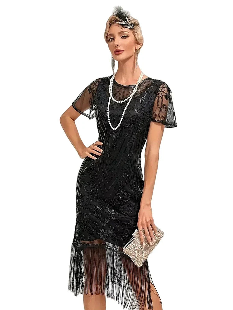 Flapper Dresses 1920s Gatsby Roaring 20s Sequin Beaded Fringe Dress Crew Neck See-through Themed Party Club Dress