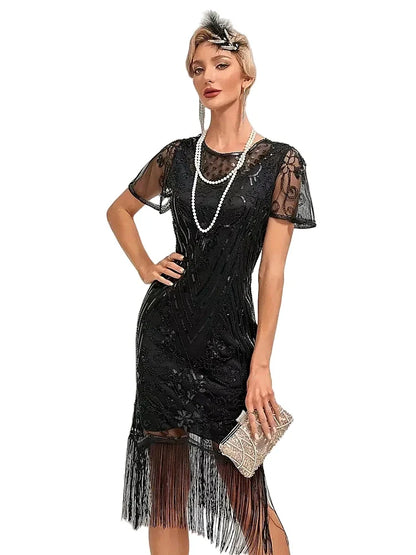 Flapper Dresses 1920s Gatsby Roaring 20s Sequin Beaded Fringe Dress Crew Neck See-through Themed Party Club Dress