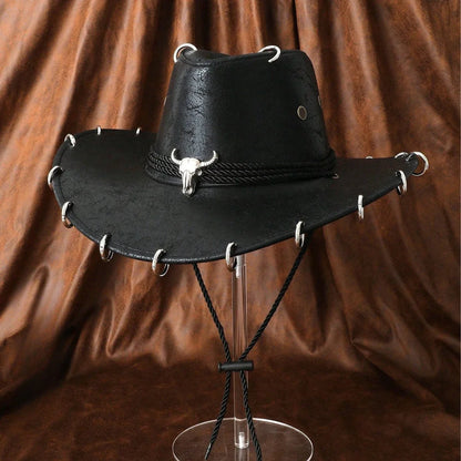 HongLuan – Chapeau de cowboy unisexe en cuir PU noir réglable, style occidental, idéal pour les voyages, avec badge tête de taureau, pour l'extérieur