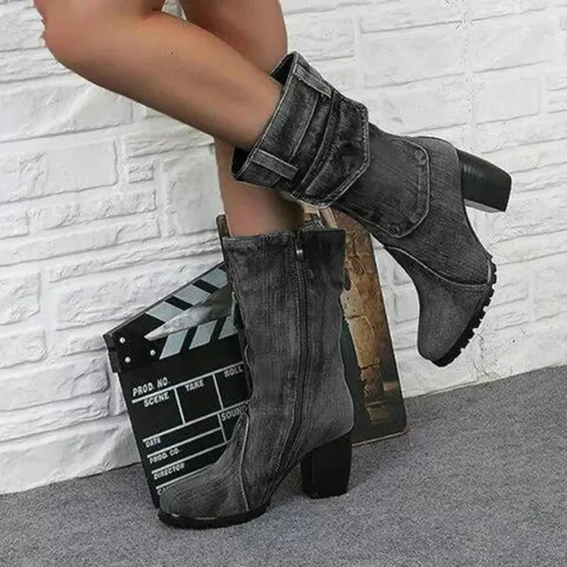 Cowboy Women's Boots 2024 Autumn and Winter New Pointed Denim Style Casual Temperament High Heels Single Shoes Zapatos De Mujer