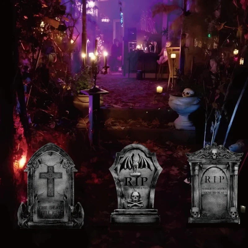3/6Pcs 2024 Halloween Tombstone Decor Skull Tombstone RIP Letters Bad Omens Haunted House Decor for Patio Garden Frighten Kids