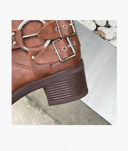 Designer Luxury Brand Retro Real Leather Brown Cropped Cowboy Boots Chunky Heel Sleeve Square Punk Style Botas Mujer Hot Selling
