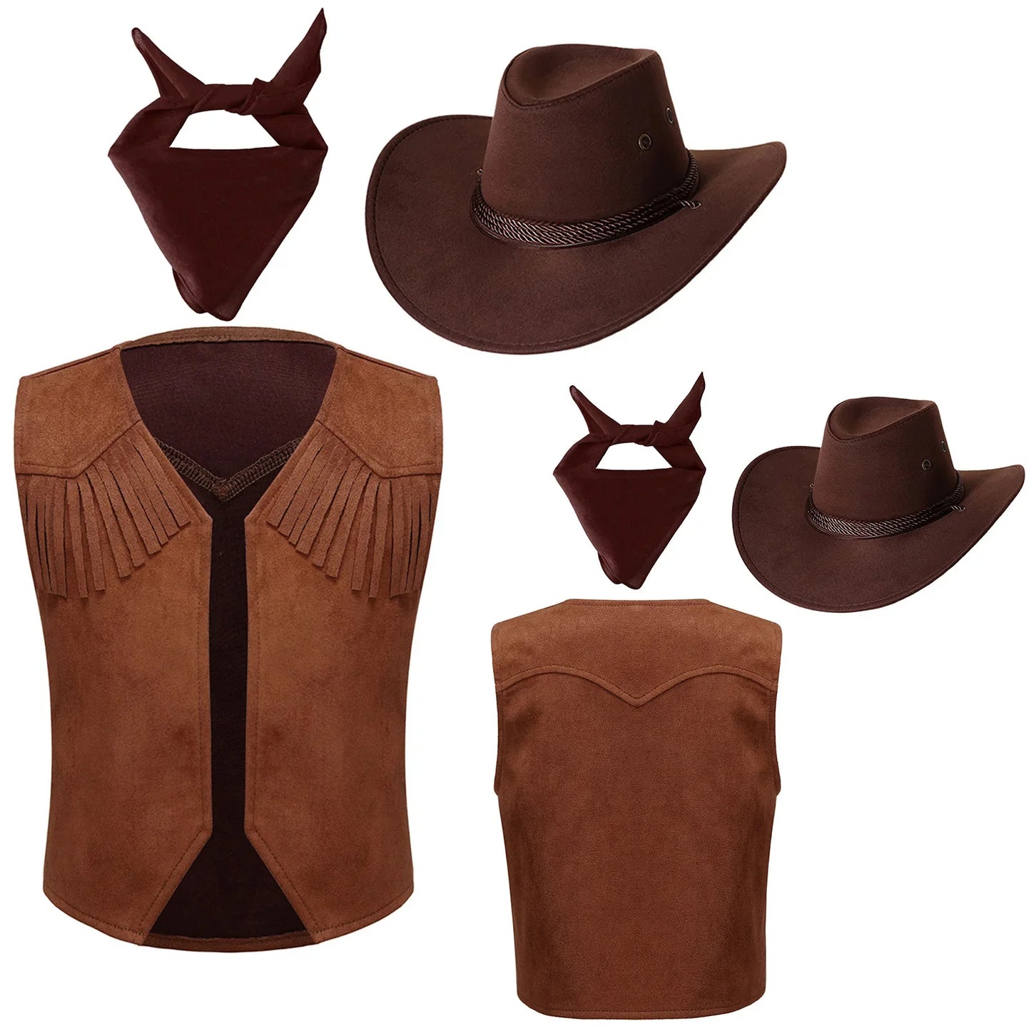 Enfants Halloween Western Cowboy Cowgirl Cosplay Costume Gilet à Franges Rétro avec Bandana et Chapeau pour Fête de Carnaval