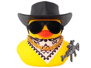 Car Rubber Duck Ornament Cool Car Accessories Duck Car Dashboard Decoration Cowboy Hat Duck with Weapon Necklace, AK47 M416