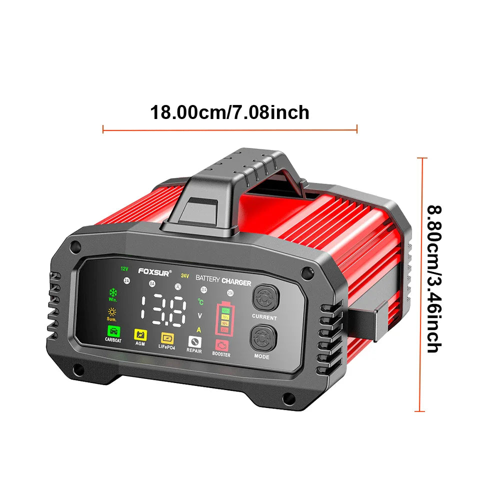 Portable 25A/15A Smart Car Battery Charger Car Booster Pulse Repair for 12V-24V Motorcycle Lead Acid AGM GEL LiFePo4 Batteries