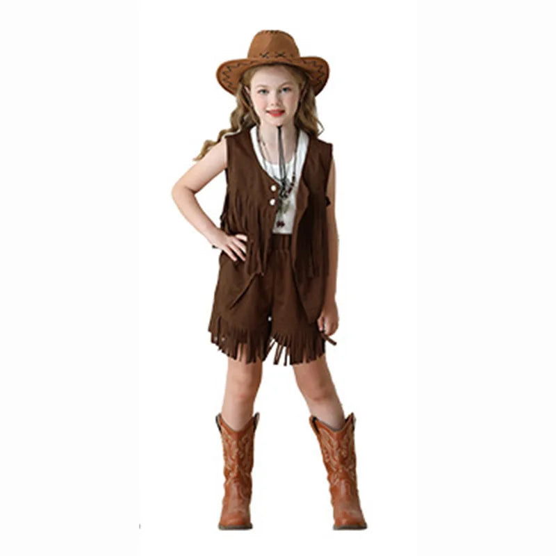 Costume de Cowboy pour filles, gilet à franges, Style bohème rétro, short en Denim occidental en velours pour filles, Costume Hippie