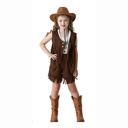 Costume de Cowboy pour filles, gilet à franges, Style bohème rétro, short en Denim occidental en velours pour filles, Costume Hippie