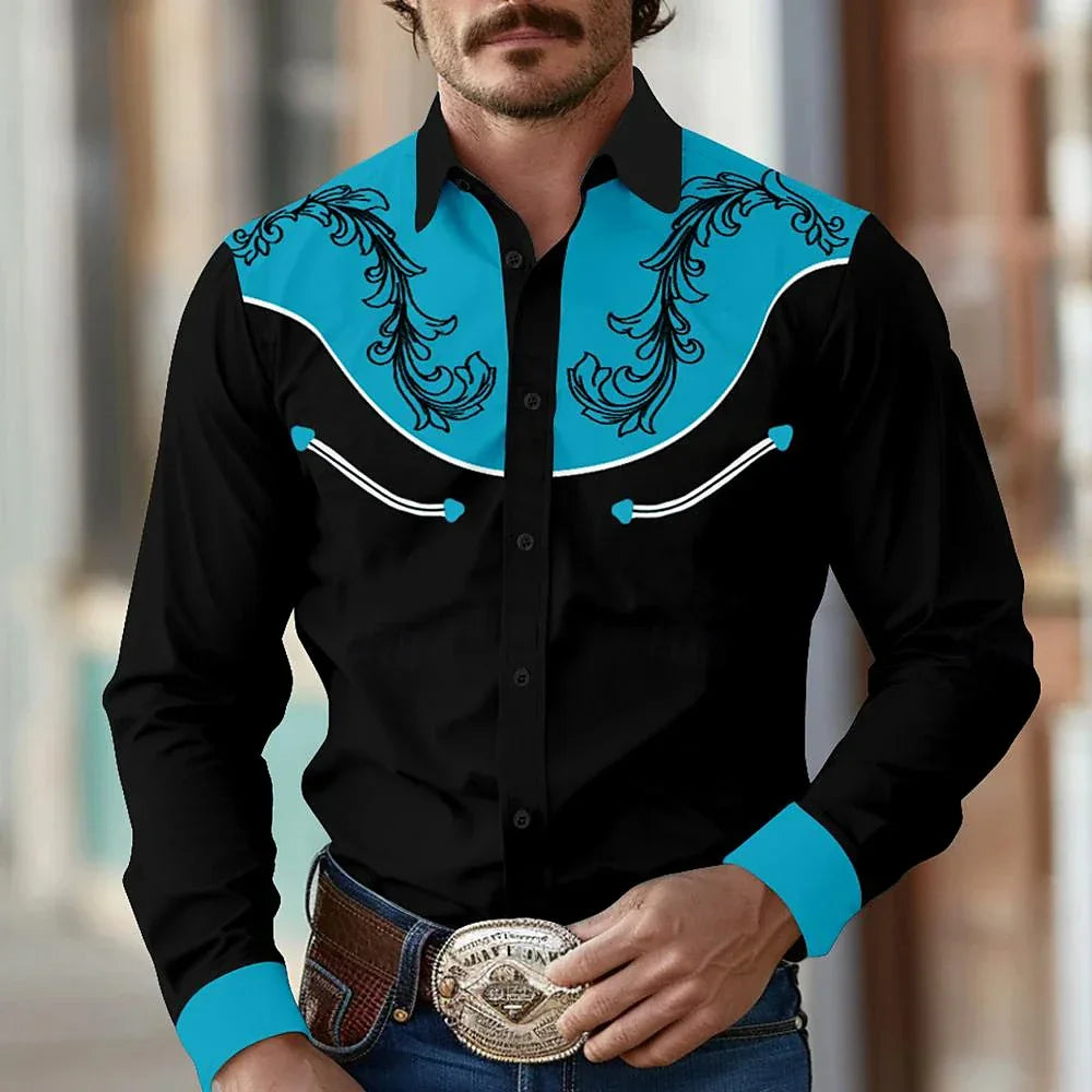 Western Cowboy Flower Printed Long Sleeve Shirt for Spring and Summer Comfortable Soft Fabric Party Men's Collar Shirt