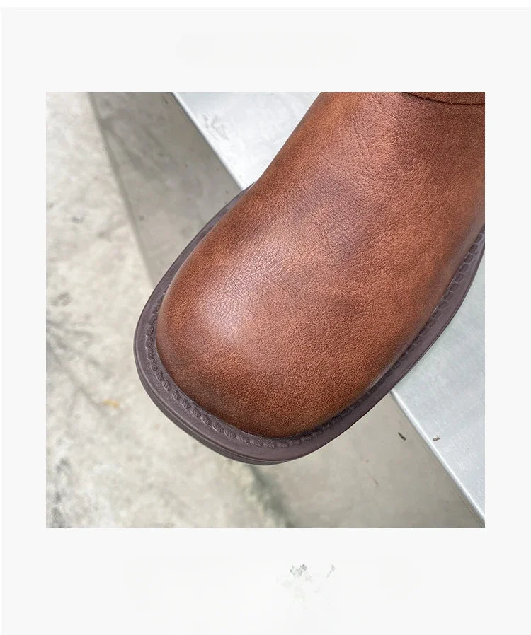 Designer Luxury Brand Retro Real Leather Brown Cropped Cowboy Boots Chunky Heel Sleeve Square Punk Style Botas Mujer Hot Selling