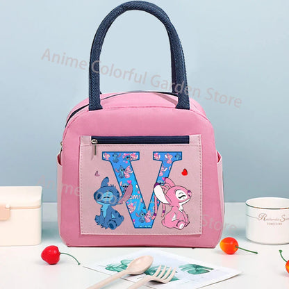 Anime Stitch High-capacity Lunch Bag Cartoon Letter A-Z Printed Insulated Box Picnic Portable Food Keep Fresh Handbag Bento Bags