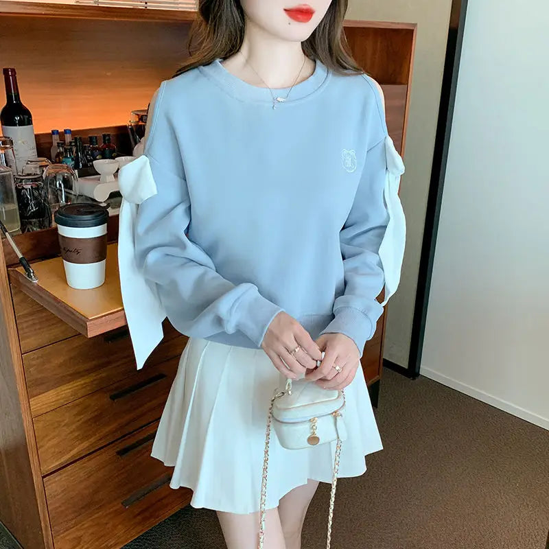 Sweat-shirt à épaules dénudées pour femmes, mode Harajuku, vêtements pour jeunes, Sport essentiel, nouveau, basique, bleu, hauts pull pour femmes