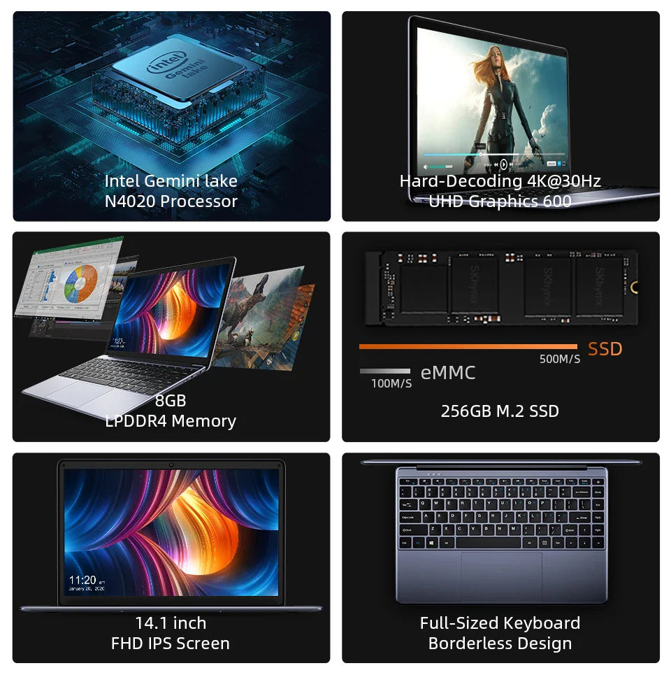 CHUWI HeroBook Pro 14.1" FHD Display Intel Celeron N4020 Dual-core 6GB RAM 128GB ROM Windows 11 Laptop with Full Size Keyboard