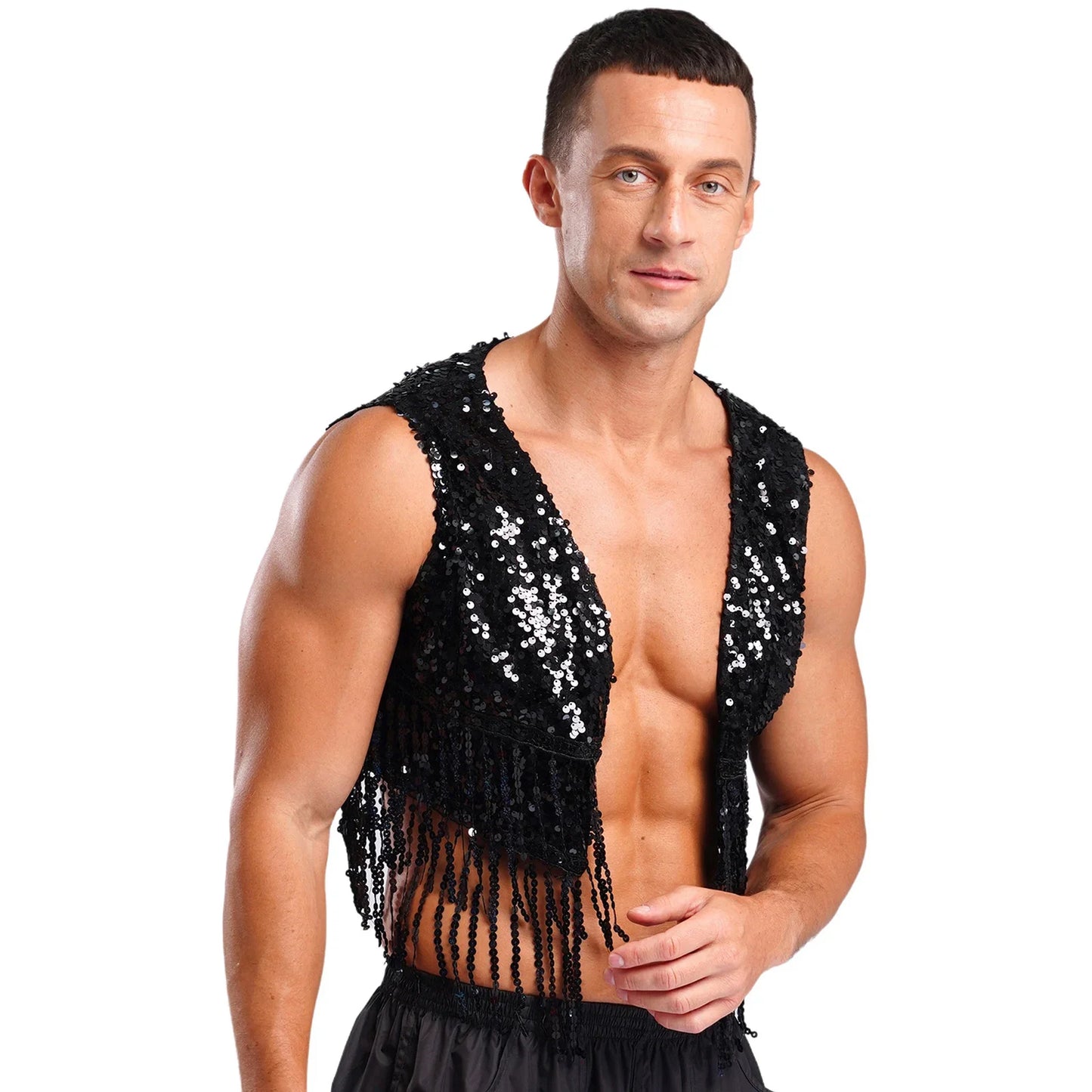 Mens Cowboy Western Costume Shiny Vintage 70s Disco Costumes Fringe Sequin Waistcoat Sleeveless Open Front Cropped Vest Cardigan