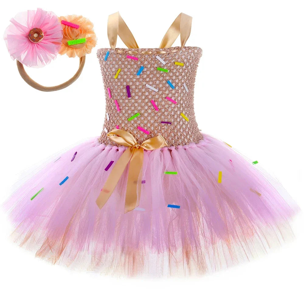 Déguisement de Beignet pour Enfants Robe Tutu Beignet au Chocolat Filles Robe de Princesse d'Anniversaire Fantaisie Vêtements d'Halloween et de Noël pour Enfants