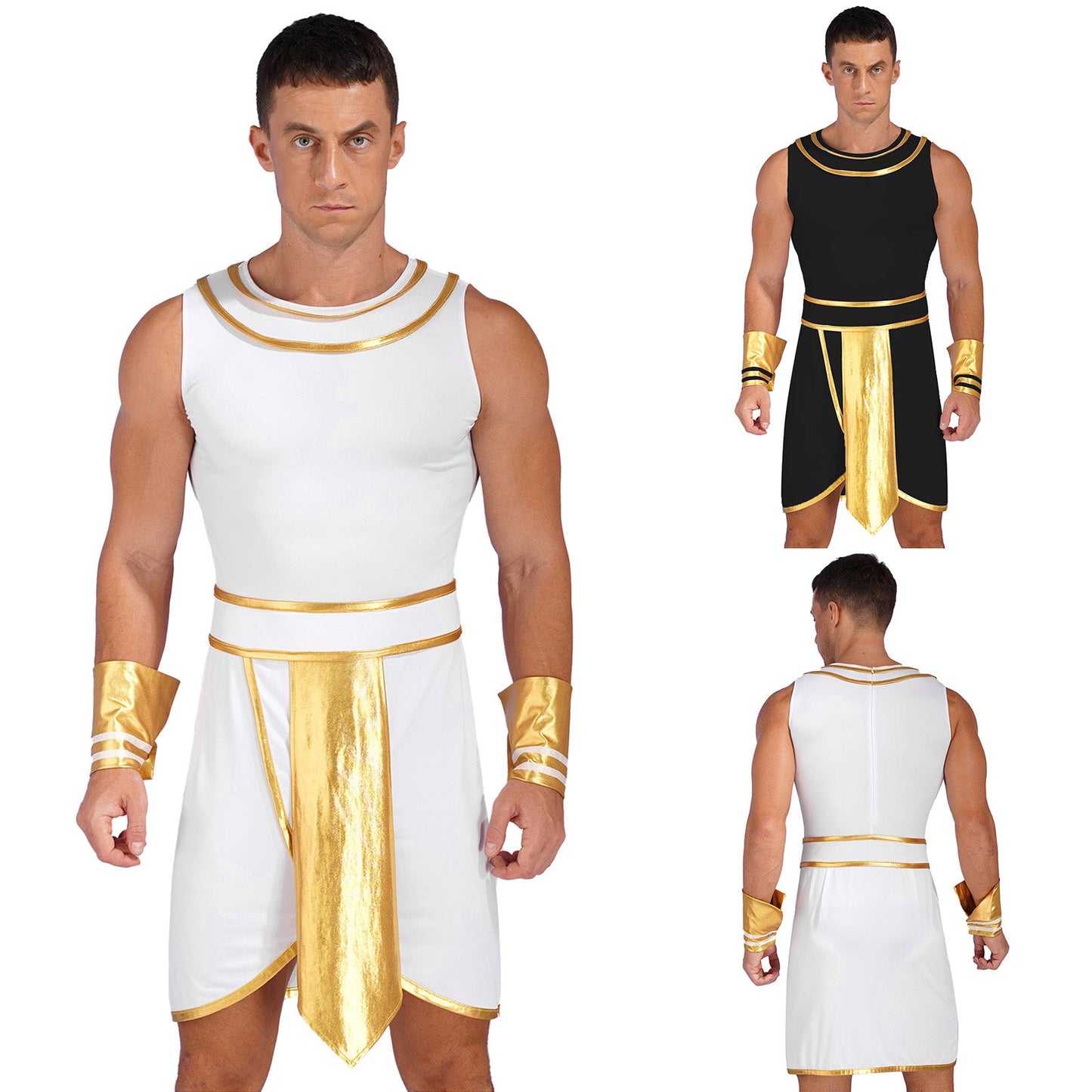 Mens Ancient Egypt Costume Adults Halloween Masquerade Cosplay Carnival Party Dress Sleeveless Themed Roleplay Dress with Cuffs