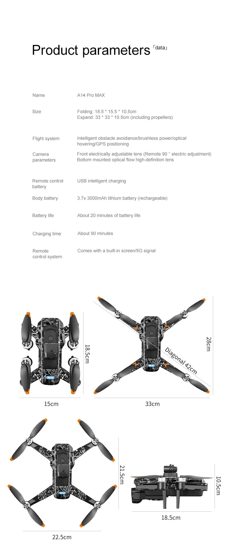 Xiaomi A14 MAX Drone sans brosse 8K trois caméra HD télécommande avec écran flux optique Intelligent pliable quadrirotor