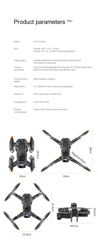 Xiaomi A14 MAX Drone sans brosse 8K trois caméra HD télécommande avec écran flux optique Intelligent pliable quadrirotor