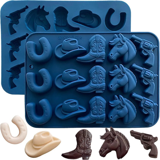 Moule à Chocolat Cowboy Moules à Bonbons en Silicone Forme Chapeau de Cowboy Botte Cheval Selle Thème Western Moule de Cuisson Décoration de Gâteau
