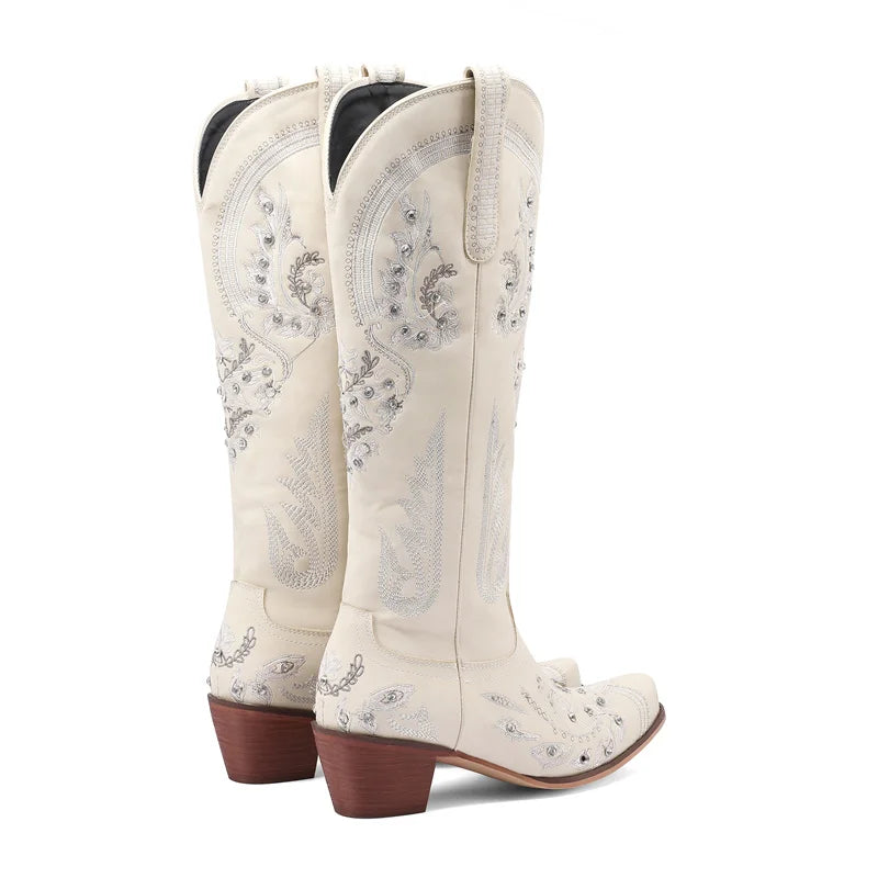 Bottes de cowboy occidentales au genou pour femmes, broderie de fleurs, biscuits, blanc, marron, rond, Parker, talons hauts, rétro, bottes longues de cowgirl