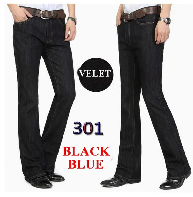 Men's Flared Jeans For Winter Thick Mid High Waist Slim Bell-bottoms Pants Elastic Fared Denim Trousers Size 26-40