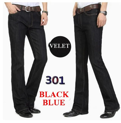 Men's Flared Jeans For Winter Thick Mid High Waist Slim Bell-bottoms Pants Elastic Fared Denim Trousers Size 26-40