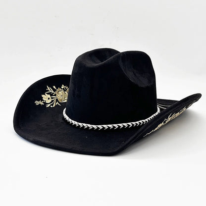 Retro Suede Cowgirl Hat for Women and Men, Floral Embroidery Wide Brim Western Cap Jazz Hat Cowboy Hats