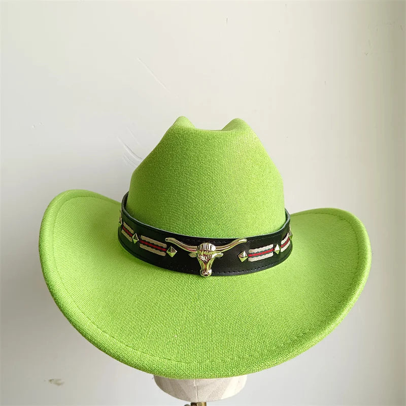Ethnic Style Cowboy Hat Fashion Chic Unisex Solid Color Jazz Hat With Bull Shaped Decor Western Cowboy Hats