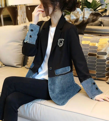 Autumn Winter Casual Fashion Denim Patchwork Blazers Ladies Harajuku Y2K Embroidery All-match Coat Women's Jacket Outwear Top