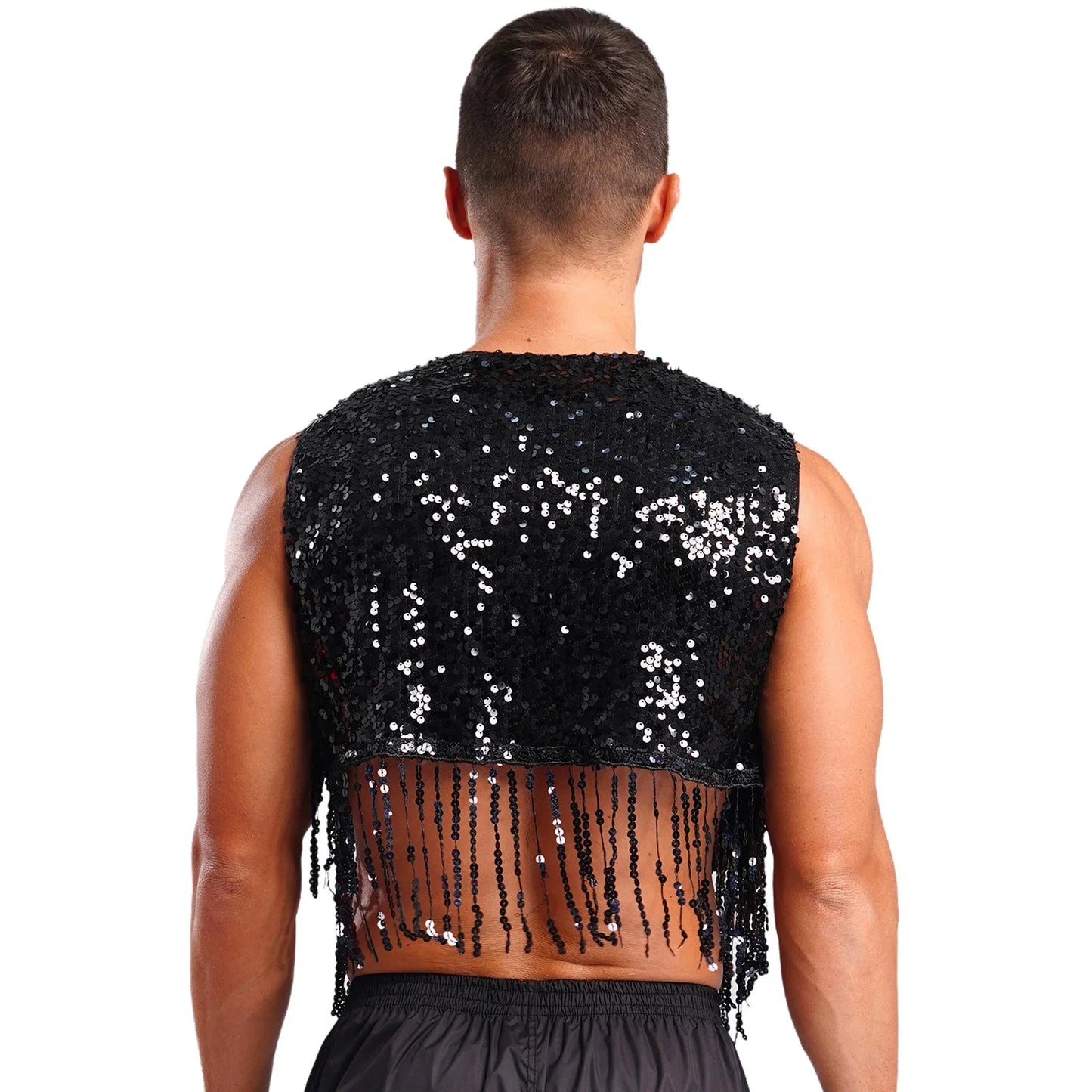 Mens Cowboy Western Costume Shiny Vintage 70s Disco Costumes Fringe Sequin Waistcoat Sleeveless Open Front Cropped Vest Cardigan