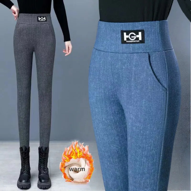 Leggings en laine d'agneau femmes taille haute Leggings chauds en plein air marche pantalons décontractés extensible maigre avec poche Leggings élégants