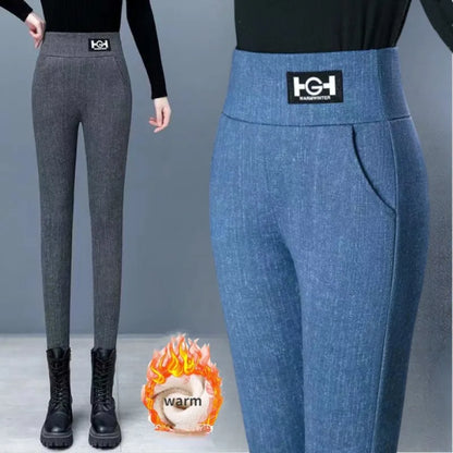 Leggings en laine d'agneau femmes taille haute Leggings chauds en plein air marche pantalons décontractés extensible maigre avec poche Leggings élégants