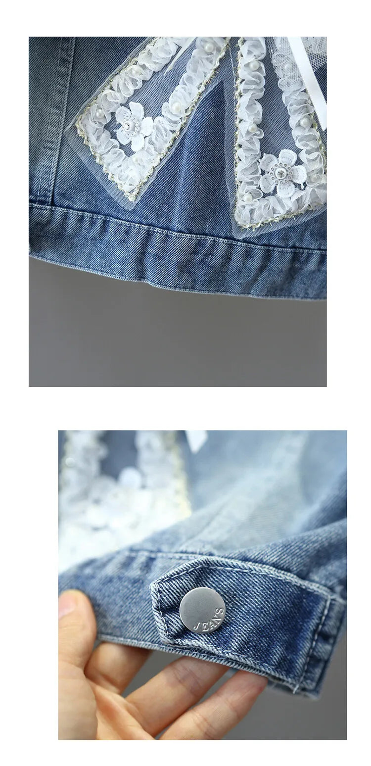 Teen Girls Denim Coat Spring Autumn Pearl Embellishment Bow Knot Fashion Jacket For 3 4 5 6 8 10 12 Years Kids Casual Outerwear
