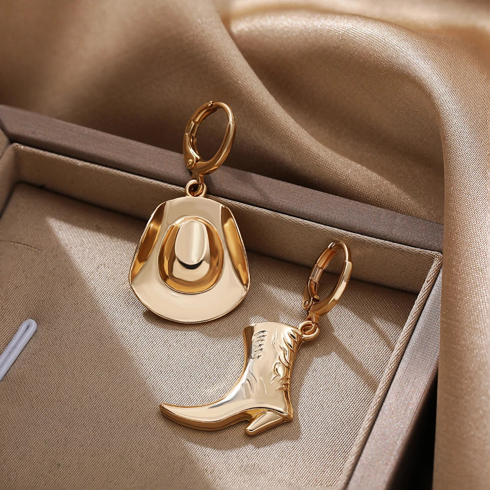 Boucles d'Oreilles Pendantes Asymétriques pour Cowgirl, Punk Goth Style, Cool Western Cowboy Hat Boot, Charms Or Plaqué Rock, Bijoux Accessoires