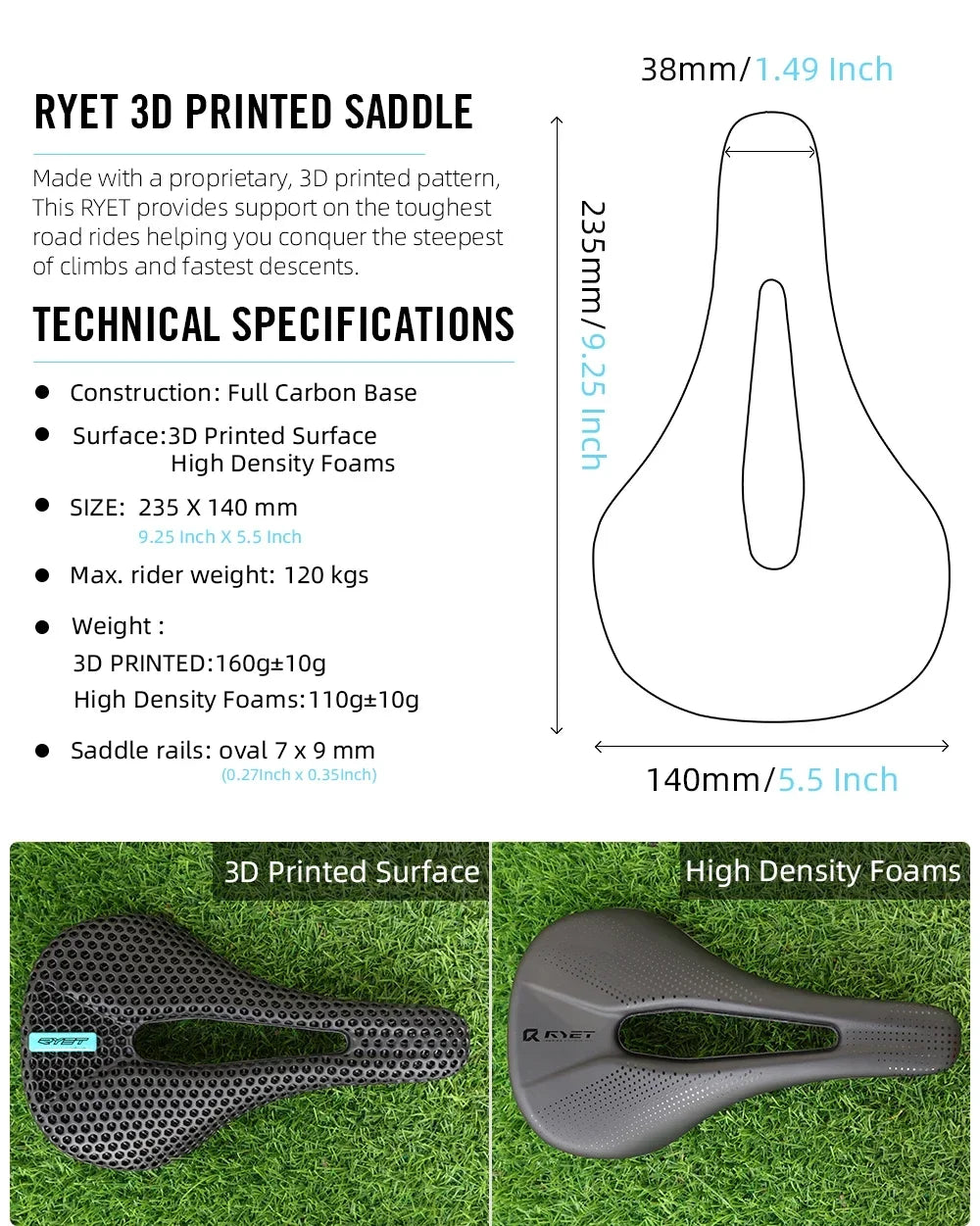 RYET vélo selle en carbone 3D selle imprimée 140mm 7x9mm Rail rond super léger route vtt course vélo siège selles coussin pièces