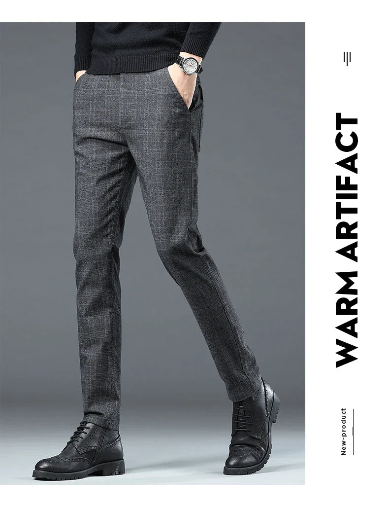Autumn Winter New Fleece Thickened Casual Pants Men Business Straight Slim Plaid Pants Black Gray Men's Warm Trousers