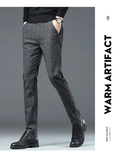 Autumn Winter New Fleece Thickened Casual Pants Men Business Straight Slim Plaid Pants Black Gray Men's Warm Trousers