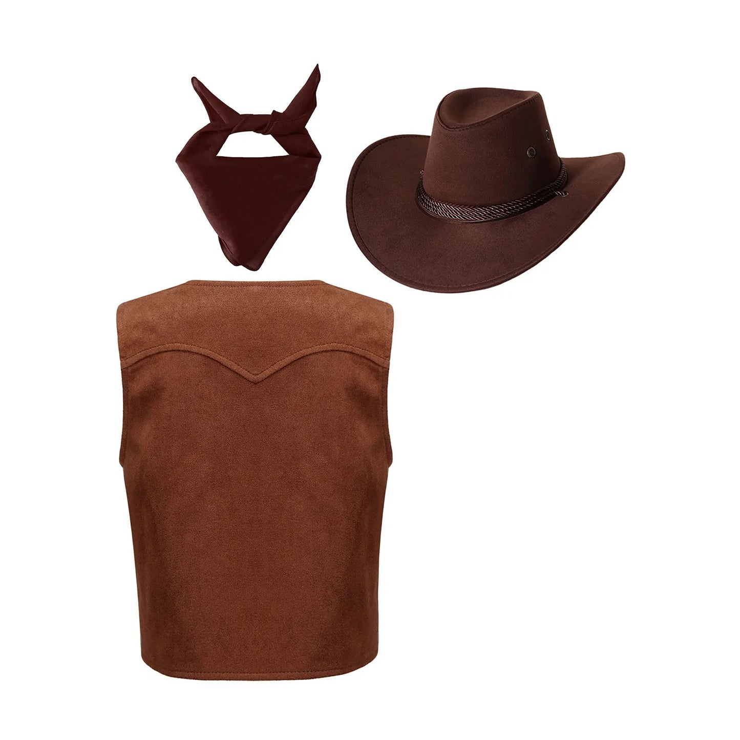 Boys Girls Western Cowboy Cosplay Costume Suede Fringe Vest with Bandanna Scarf Hat Halloween Carnival Party Cowgirl Dress Up