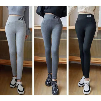 Hiver femmes Leggings solide chaud Leggings épaissir laine d'agneau taille haute polaire garder bout à bout haute extensible pantalon de marche poche